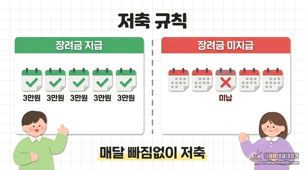 매달 3만 원 이상 6개월 저축 시 장려금 지급 조건과 미납 시 미지급 비교