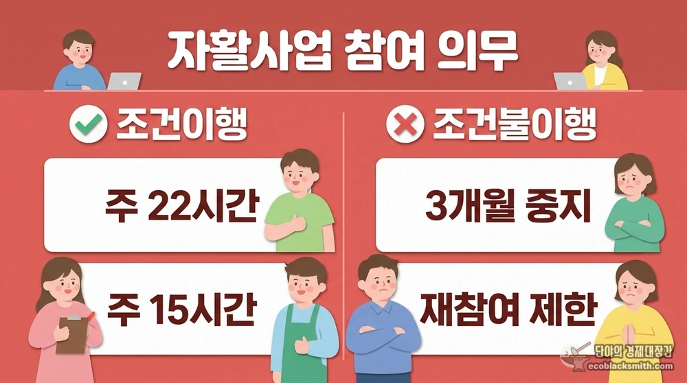 조건부수급자의 자활사업 조건이행 기준과 불이행 시 생계급여 중지 안내