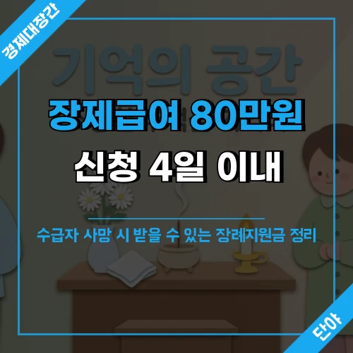 장제급여 80만원 지급과 신청 4일 처리를 안내하는 따뜻한 톤의 섬네일