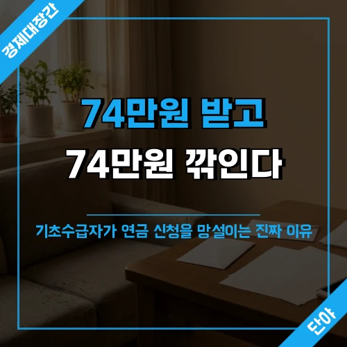 빈 봉투와 약병이 놓인 노인 가정 거실 배경에 74만원 받고 74만원 깎인다는 문구가 강조된 기초수급자 연금 차감 안내 섬네일