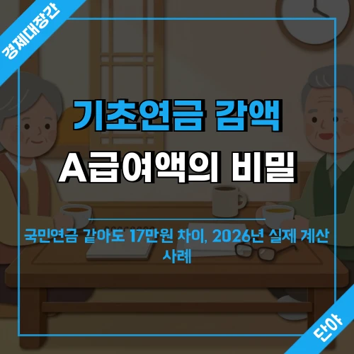 국민연금 A급여액에 따른 기초연금 감액을 상징하는 노부부 거실 장면과 '기초연금 감액 A급여액의 비밀' 오버레이 문구