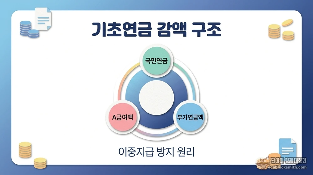 국민연금 A급여액과 부가연금액으로 구성된 기초연금 감액 구조 요약 카드
