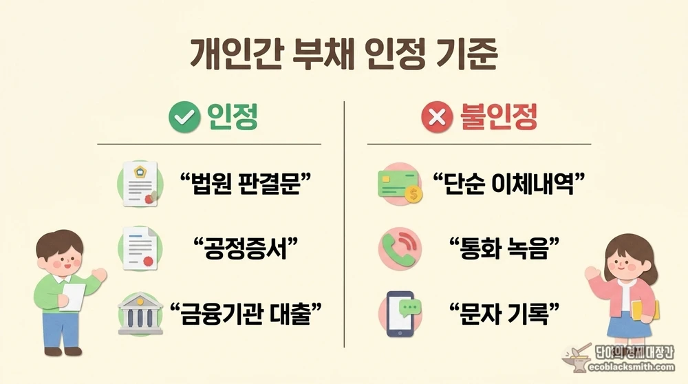 개인간 부채의 인정과 불인정 기준을 좌우로 비교한 주거급여 신청 안내 카드