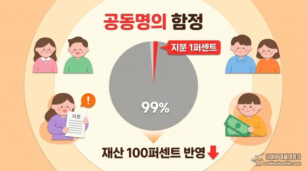 지분 1퍼센트만 보유해도 차량가액 전액이 재산으로 반영되는 자동차 공동명의 위험성 시각화