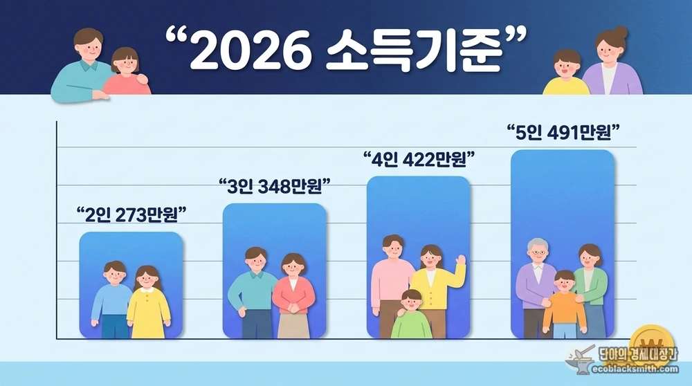 2026년 가구원 수별 한부모가족 소득인정액 기준 중위소득 65% 비교