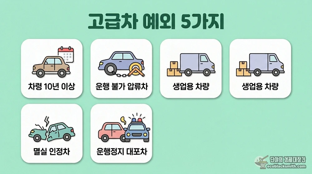 고급자동차 산정에서 제외되는 다섯 가지 예외 사유를 정리한 기초연금 예외 기준 카드