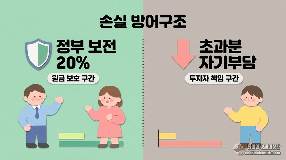 국민성장펀드 정부 후순위 출자에 따른 20퍼센트 손실 방어 구조 비교 자료