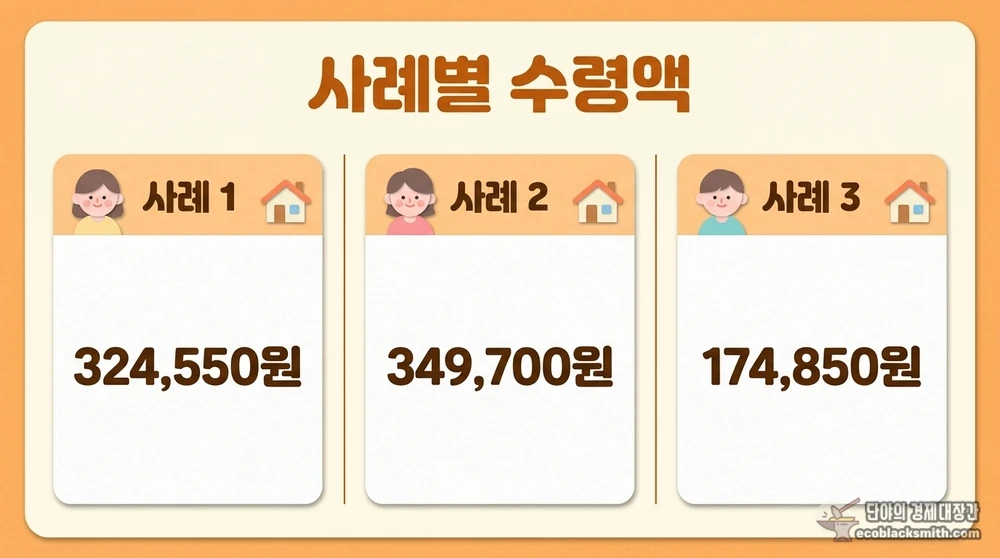 국민연금 수령자 세 가지 사례별 기초연금 수령액을 비교한 카드형 정리