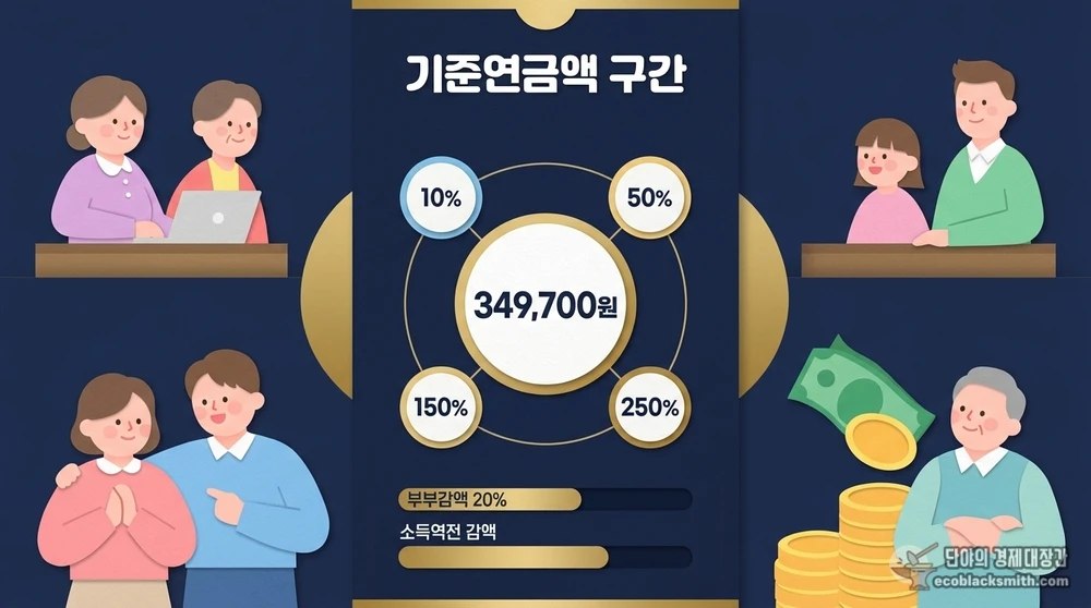 2026년 기초연금 기준연금액과 부부감액 구조를 한눈에 보여주는 다이어그램