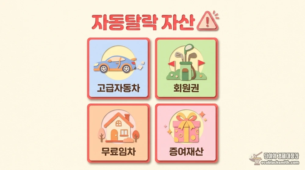 기초연금 자동탈락 위험 자산 네 가지를 카드형으로 정리한 시각 자료