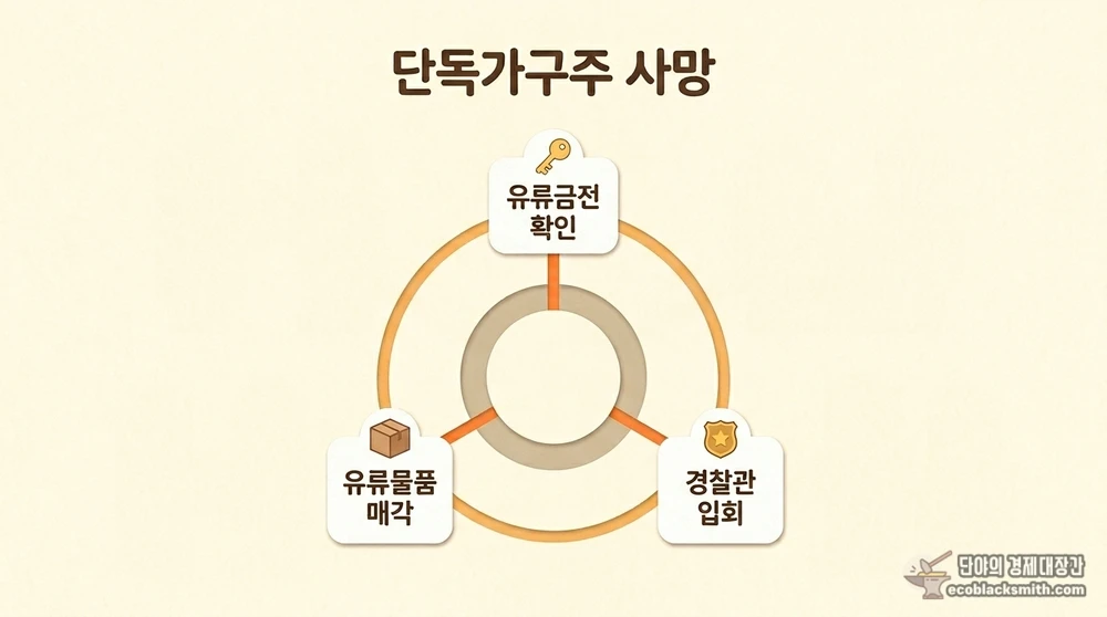 단독가구주 사망 처리 절차와 유류금전 확인 단계를 보여주는 도식