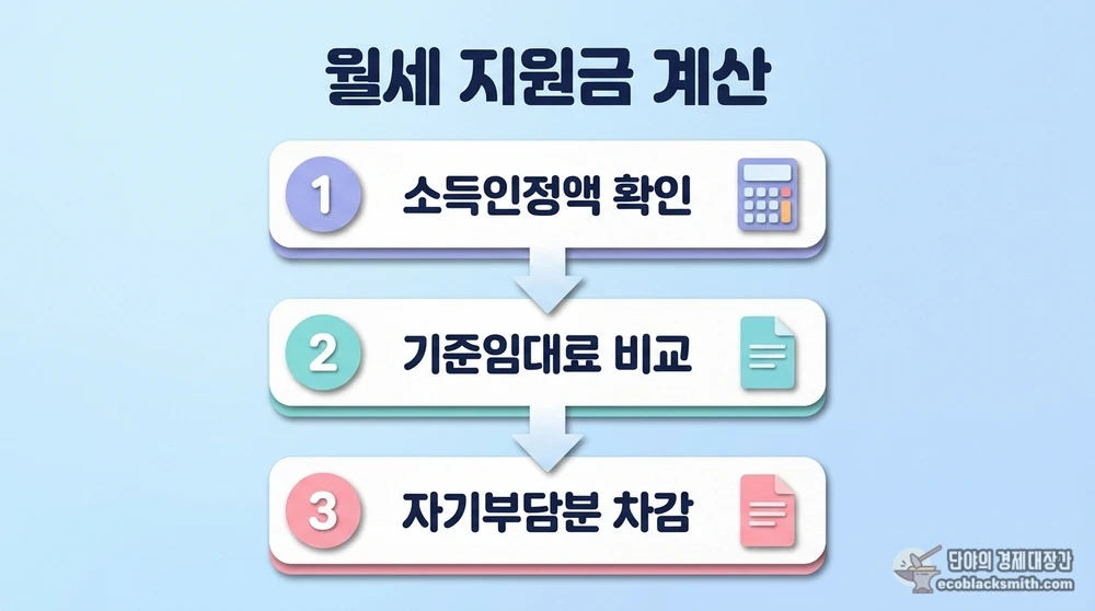 임차급여 산정 절차를 단계별로 보여주는 월세 지원금 계산 흐름도