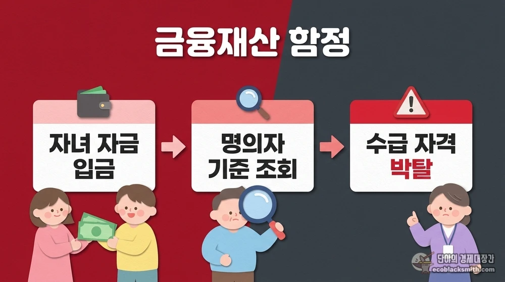 자녀 자금을 부모 계좌에 보관할 때 금융재산으로 잡혀 기초연금 자격을 잃는 과정을 단계별로 표현