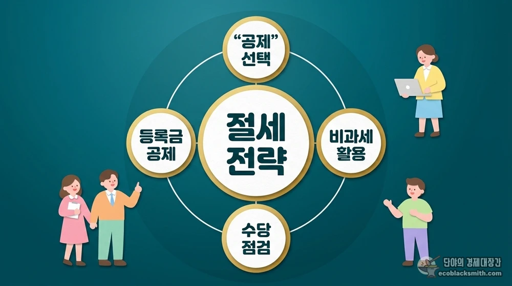 일하는 수급자가 활용할 수 있는 네 가지 절세 전략을 보여주는 원형 다이어그램