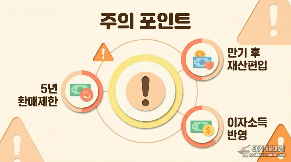 수급자 금융재산 공제 가입 시 만기와 이자 소득 관련 주의 포인트 다이어그램