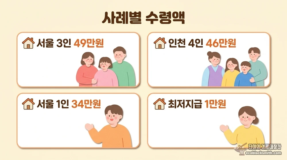 가구원수와 지역별 실제 주거급여 월세 지원금 수령액을 보여주는 사례 비교표