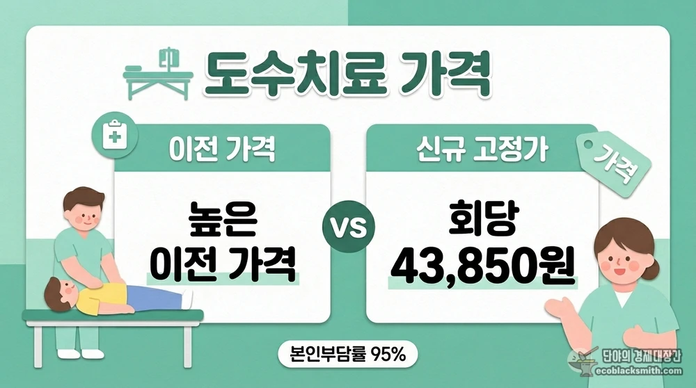 도수치료 가격이 회당 43,850원 단일 수가로 적용되는 기준을 요약한 정보 카드