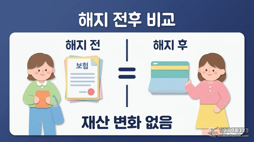 보험 해지 전후 재산 변화가 없음을 보여주는 비교 정보 카드