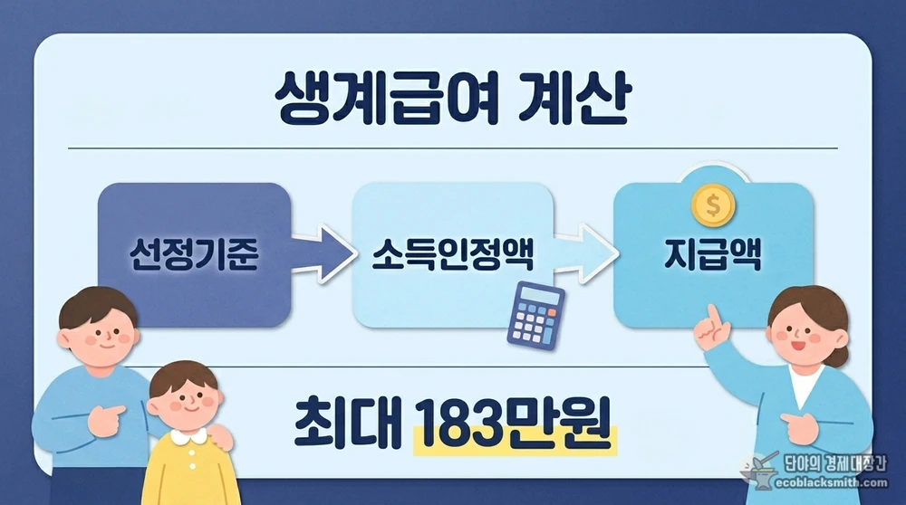 선정기준에서 소득인정액을 빼는 생계급여 지급액 계산 흐름과 최대 82만원을 강조한 정보 카드