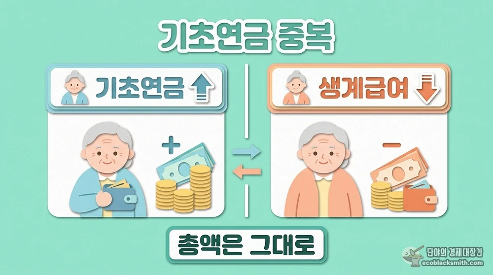 기초연금이 늘면 생계급여가 줄어 총액이 유지되는 중복 수급 구조를 좌우 대비로 보여주는 정보 카드