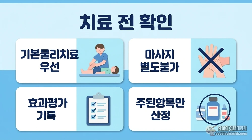 기본물리치료 우선 시행과 동시 산정 제한 등 도수치료 진료 시 확인 사항을 정리한 카드