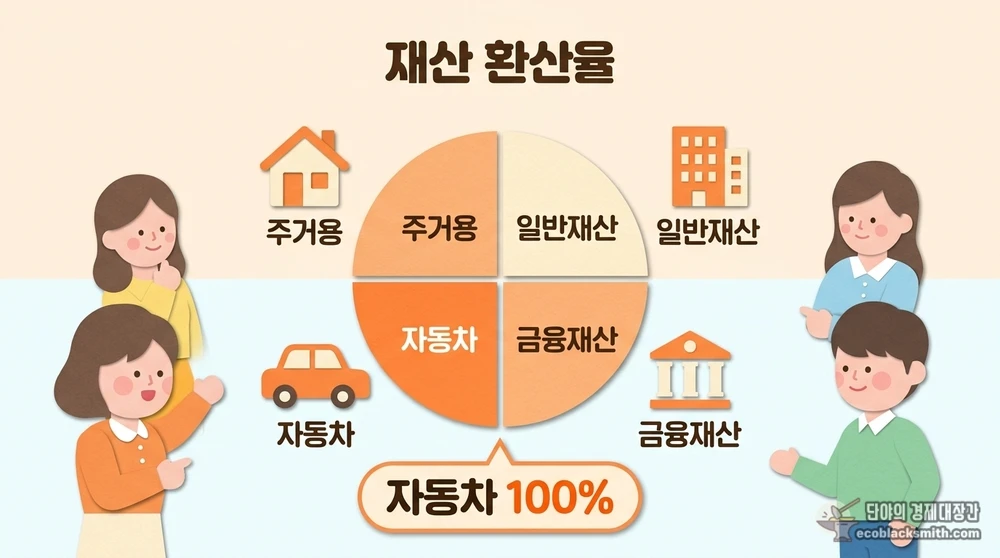 주거용부터 자동차까지 재산 종류별 소득환산율 차이를 원형 도식으로 정리한 기초생활수급자 재산기준 카드