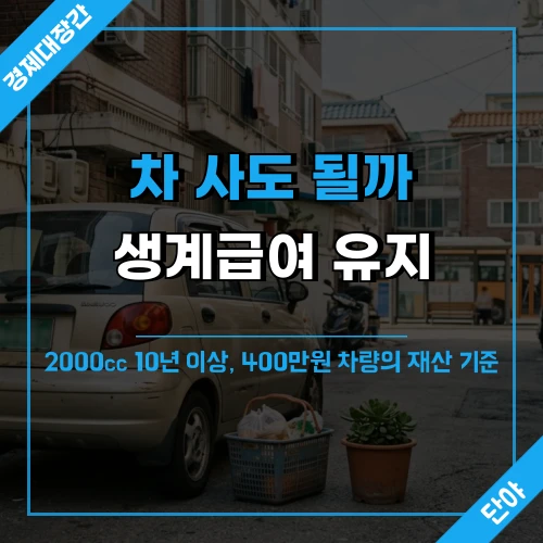 주택가에 주차된 연식 있는 소형 승용차 배경 위에 차 사도 생계급여 유지 문구가 얹힌 기초수급자 자동차 섬네일