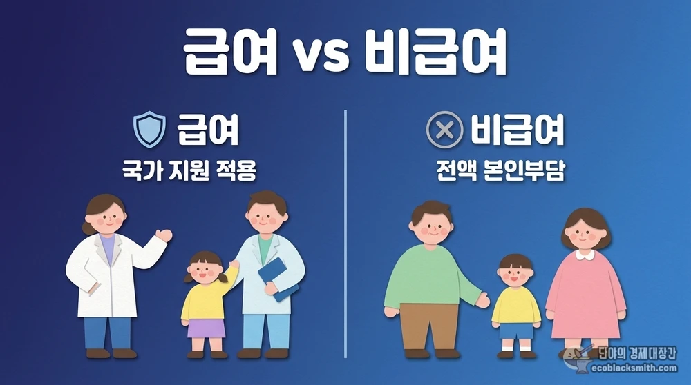 의료급여 1종 급여와 비급여의 국가 지원 차이를 비교한 정보 카드