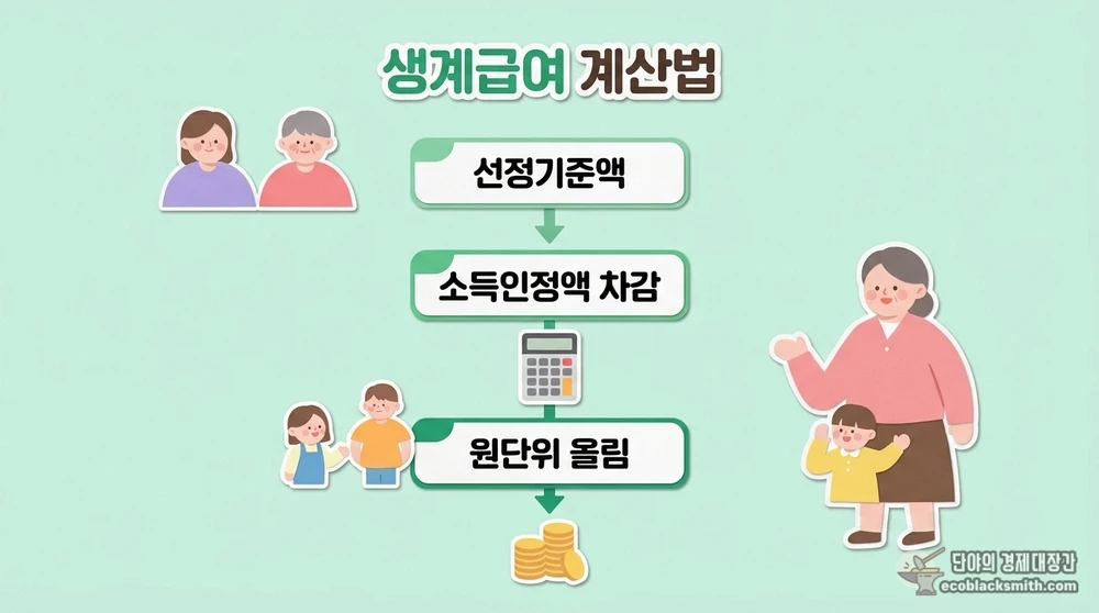 선정기준액에서 소득인정액을 빼는 생계급여 계산 흐름도