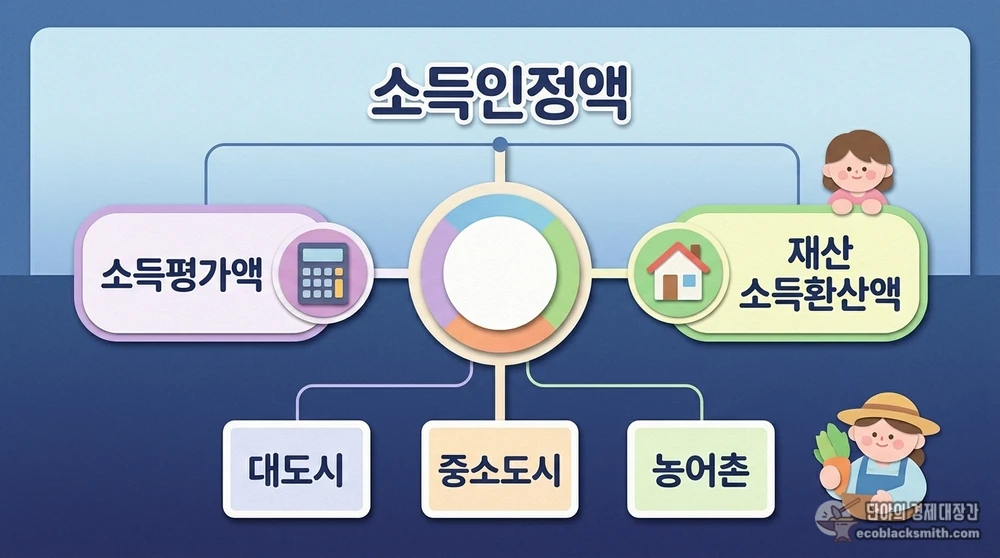 소득평가액과 재산 소득환산액 및 지역별 기본재산액으로 구성된 소득인정액 계산 구조