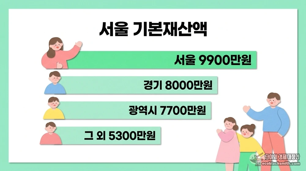 서울 9900만원 등 지역별 기본재산액을 막대로 비교한 기본재산 공제 정보
