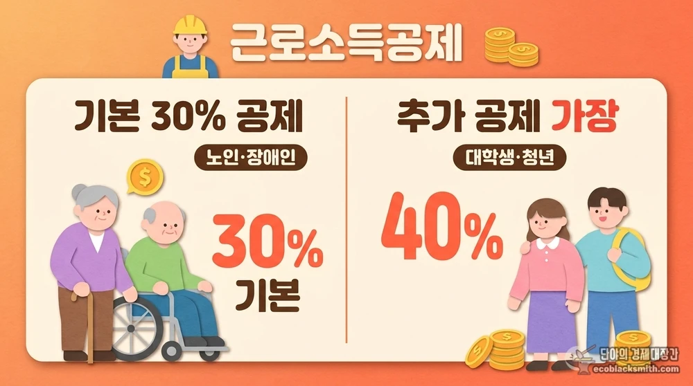 근로소득 기본공제와 대상별 추가공제를 비교한 정보 카드