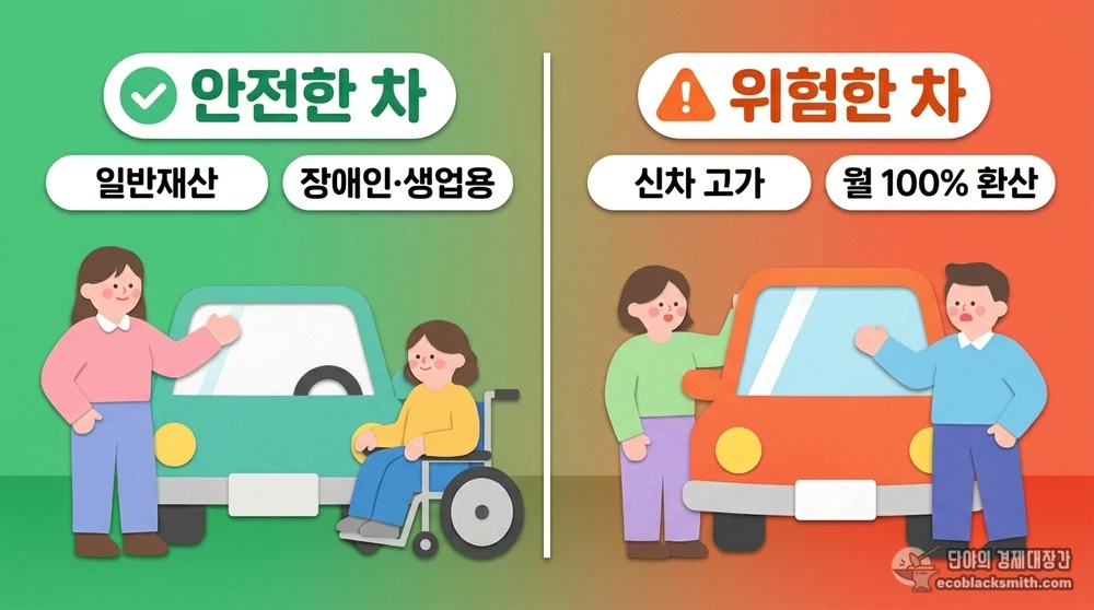 수급 유지되는 안전한 차와 탈락 위험 차량을 나눈 자동차 재산 비교