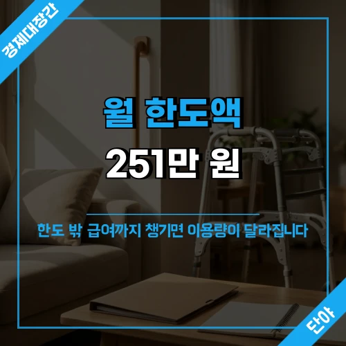 따뜻한 햇살이 든 거실에 보행보조기와 안전손잡이가 놓인 배경 위에 '월 한도액 251만 원, 한도 밖 급여까지 챙기면 이용량이 달라집니다' 문구가 얹힌 섬네일