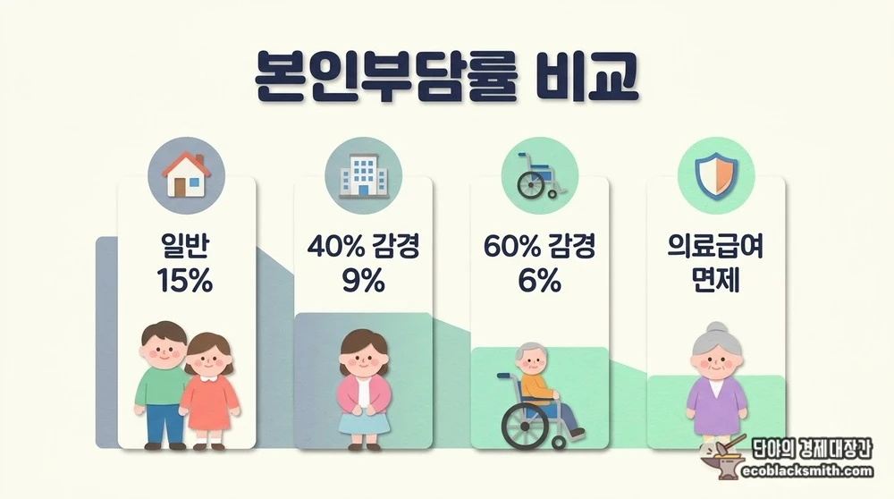 재가와 시설 급여의 장기요양 본인부담금 감경 전후 부담률을 비교한 정보 카드