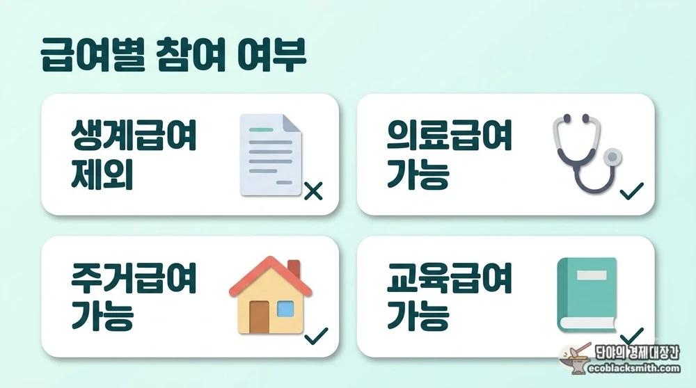 기초생활보장 급여 종류별 노인일자리 참여 가능 여부를 정리한 네 칸 비교