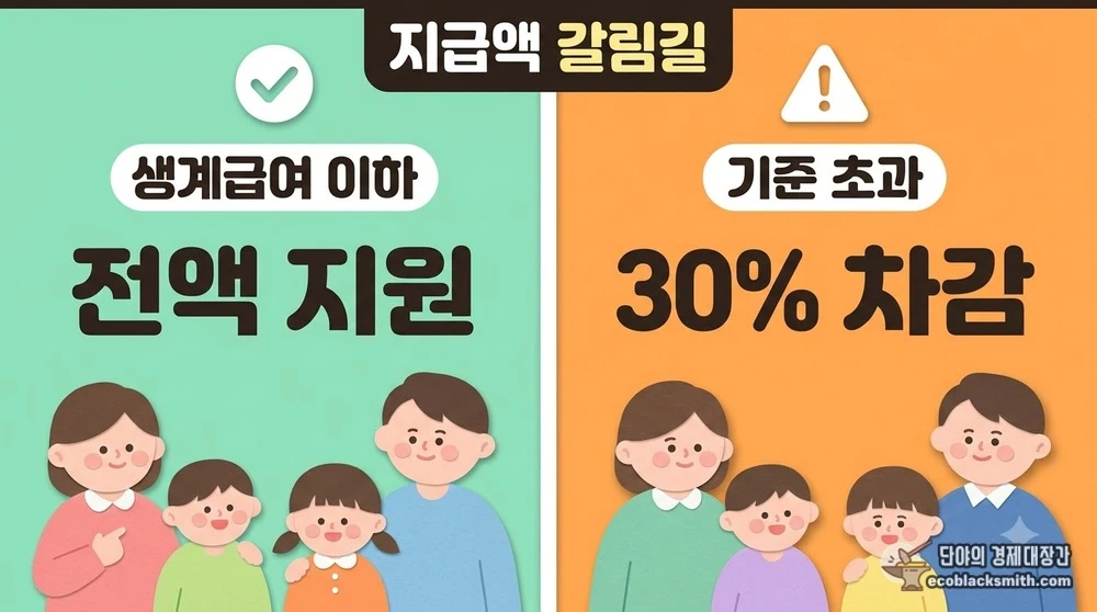 생계급여 선정기준을 경계로 전액 지원과 30% 차감으로 갈리는 주거급여 비교