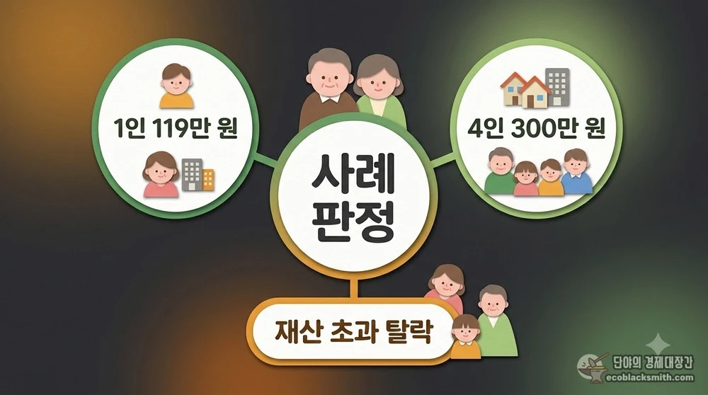 소득인정액 계산 사례별 차상위계층 조건 통과와 탈락을 비교한 도식