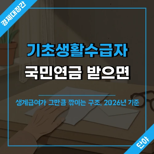 따뜻한 오후 햇살이 든 거실 좌식 탁자 배경 위에 기초생활수급자 국민연금 수령 시 생계급여가 차감되는 구조를 알리는 문구가 얹힌 섬네일
