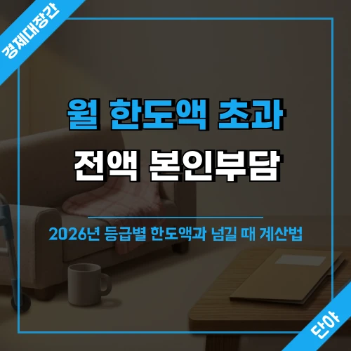 햇살 든 거실에 보행 보조기와 담요가 놓인 배경 위에 월 한도액 초과와 전액 본인부담, 2026년 등급별 한도액 계산법 문구가 얹힌 섬네일