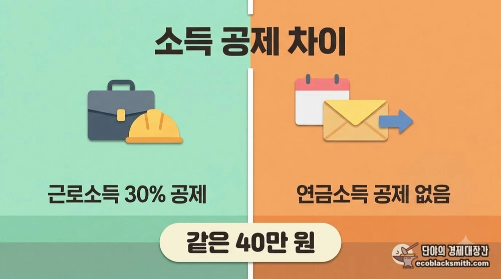 근로소득 30퍼센트 공제와 공적이전소득 공제 없음을 나란히 견준 비교 구성