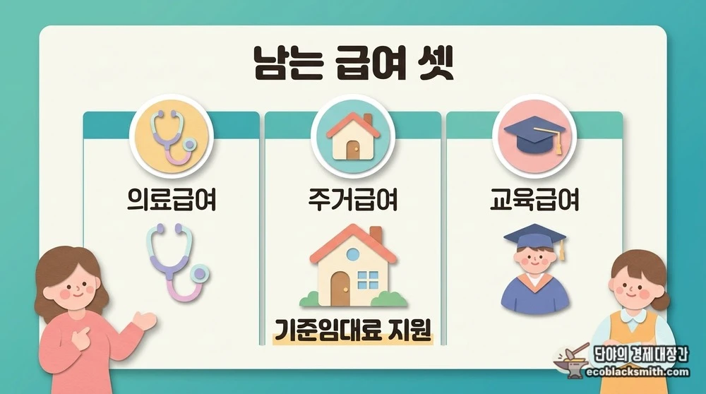 생계급여 중단 후에도 유지되는 의료급여 주거급여 교육급여 세 가지를 나란히 비교한 자료